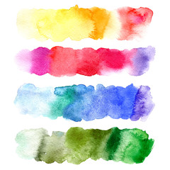Color gradient watery illustration.Abstract watercolor hand drawn image.Yellow,red and blue splash.White background.