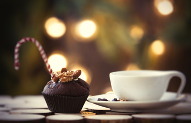 Chocolate muffin and cappuccino