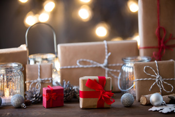 Christmas gifts and latern on snow