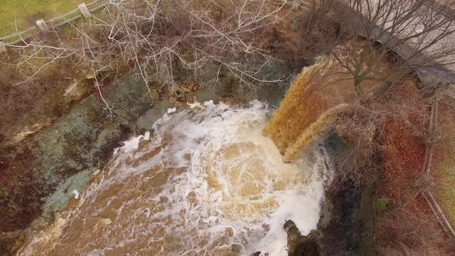 Wequiock Falls near Green Bay Wisconsin, Aerial View. Raging with muddy waters after record setting rains.