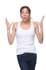 Girl in tanktop with surprised face. Close up. White background