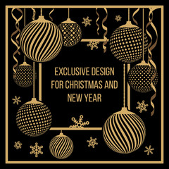 Banner for Christmas and new year, exclusive Christmas decorations, balls, snowflakes, serpentine, flat design vector background
