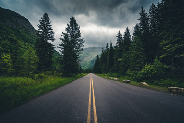 Forest road on a cloudy day. - 128536228
