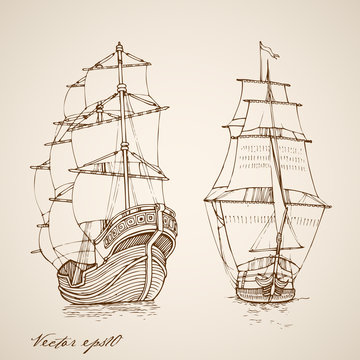 Engraving vintage hand drawn vector frigate. Pencil Sketch ship.