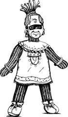 Mixtec line art drawing of a male doll wearing costume.