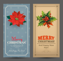 Christmas vintage vertical banners with Christmas decoration, holly branch, poinsettia flower and greeting. Vector set. 