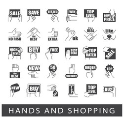 Hands holding messages. Hand gestures. Set of hand and shopping icons. Premium quality symbol collection.