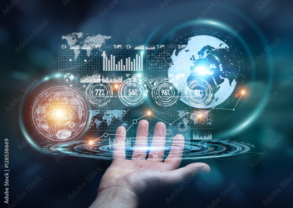Poster businessman using hologram screen with digital data