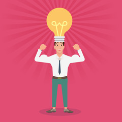 Strong young man with idea bulb on head. Light bulb. The businessman concept of idea. Head lamp