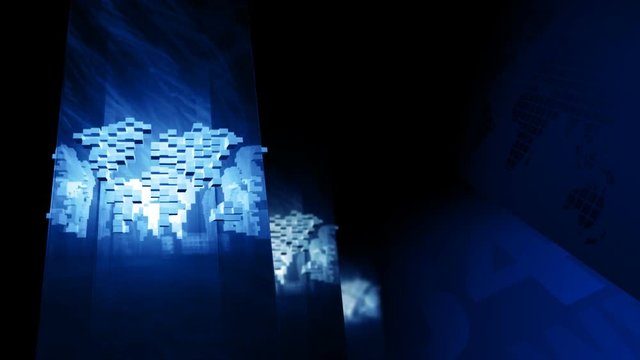 Broadcast news opening intro animation. Blue cube globe.