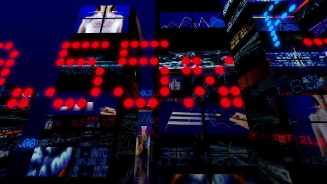 Financial numbers flowing in 3d futuristic city