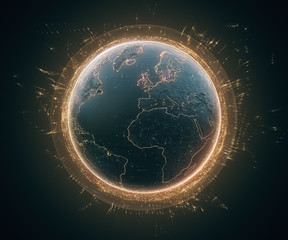3d illustration of detailed virtual planet Earth with glow and orange bright elements. Technological digital globe world. 3d rendering