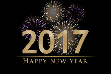 Gold 2017 New Year's eve illustration,card with colorful fireworks and golden Happy New Year text on black background 
