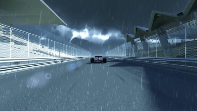 Winning formula one racing car 3d animation on a rainy day
