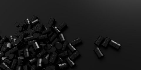 Oil barrels on a plane, 3d rendering on a dark colored surface with copy space