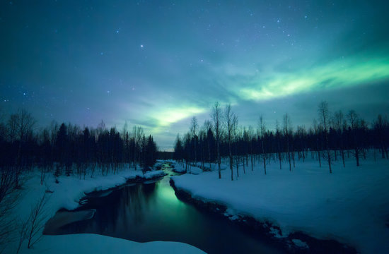 River and northern lights, Lapland, Finland, Scandinavia, Europe 