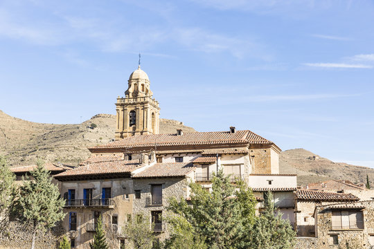 a view of Mirambel town and the Santa Margarita parish church, province of Teruel, Aragon, Spain