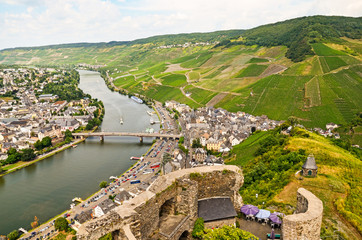 Moselle Valley Germany: View from Landshut Castle to the old town Bernkastel-Kues with vineyards...
