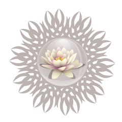 Logo lotus in a bubble. Lily flower in a drop of water on a background pattern mandala. Line length of Buddhism, yoga and spa salon. 