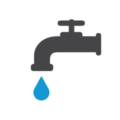 Modern Water Faucet with blue drop icon. Black silhouette. Cold water. Vector illustration.