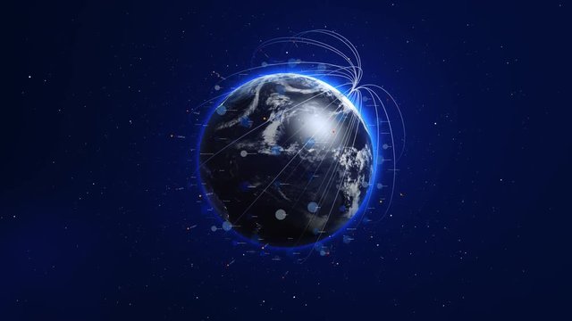 Digital blue earth orbiting with global network.