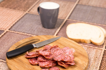 Sliced sausages with bread and yogurt for breakfast