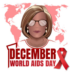 World Aids Day poster design. Aids Awareness. Young woman on world map background. 1 December. Vector illustration