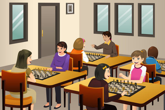 Girls Playing Chess in a Chess Club