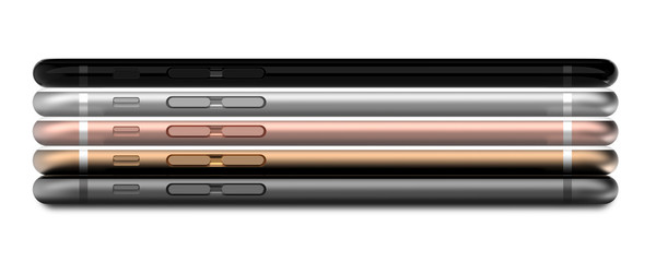 Set of five smartphones: gold, rose, silver, black and black polished - blank screen and isolated on white background.