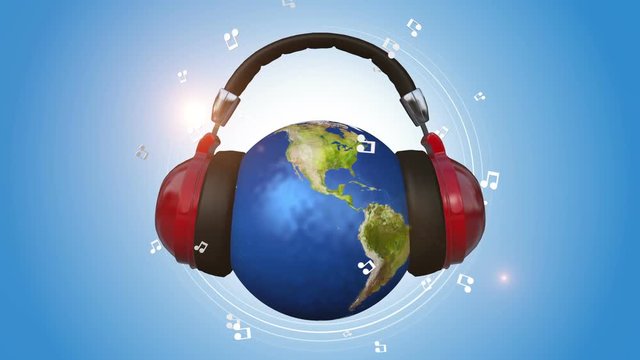 Earth Listening Music With Red Headphones
