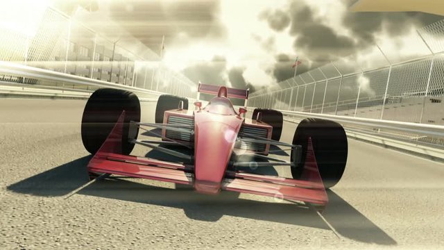 Winning formula one racing car 3d animation on a cloudy day