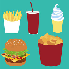 French fries, soda coke, ice-cream, cheeseburger, nuggets bucket fast food.