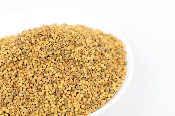 Bee pollen. Contains almost all of the nutrients required by the human body to thrive. Rich in vitamins,minerals,proteins,lipids,fatty acids,enzymes,carotenoids, bioflavonoids. Close up. 