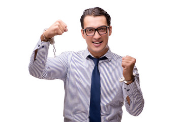 Businessman handcuffed isolated on white