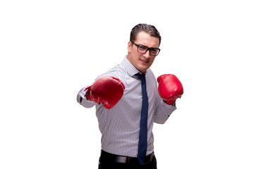 Aggressive businessman with boxing gloves isolated on white