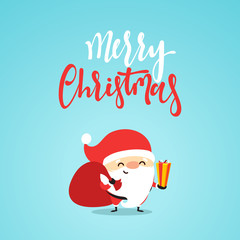 Santa Claus with gifts. Cartoon character for Christmas cards and banners. Smiling Santa claus funny and cute in flat style