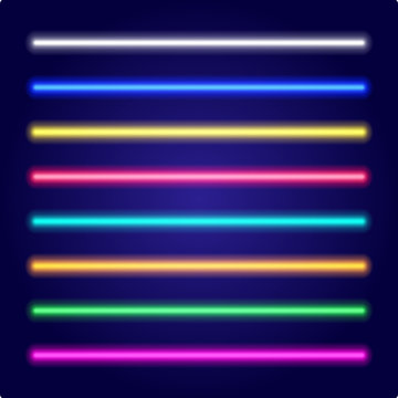 Set of color laser beams. Neon tube light. Vector.