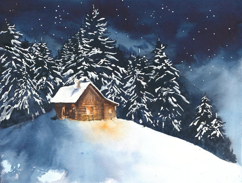House cabin in the woods in the forest watercolor painting illustration greeting card christmas