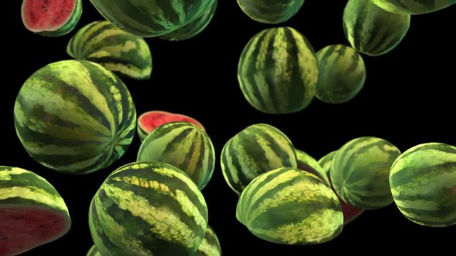 Watermelons falling in slow motion. Alpha channel.
