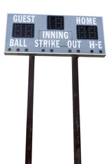 Rural, weathered baseball scoreboard isolated on white. Vertical.