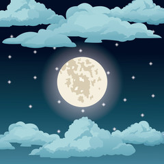 big moon blue sky stars clouds moon vector illustration eps 10