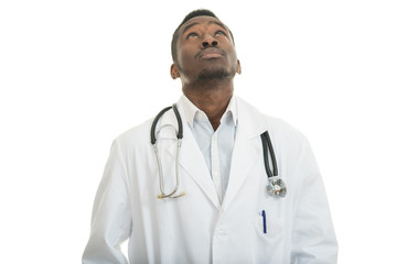 Closeup portrait of clueless black doctor health care professional, with stethoscope.