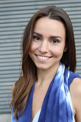 Beautiful woman in a blue dress smiling - Stock image © ajr_images