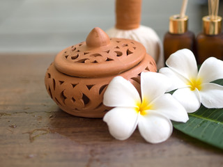 Spa massage compress balls, herbal ball on the wooden with treaments spa , Thailand, select focus