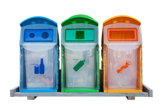 Three recycle containers for glass, plastic ,other isolated on w
