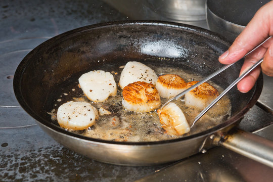Delicious pan seared organic scallops being flipped over and seared in a metal cooking pan on the hob. Presented professionally and shot with a shallow depth of field.