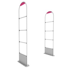 3D shop security anti-theft sensor gates. 3D render illustration of shoplifter scanner isolated on white background. Scanner entrance gate for prevent theft in shop or store. Security concept.