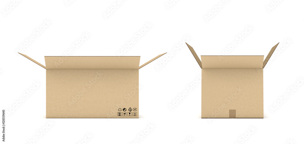Poster rendering of open cardboard mail box isolated on a white background