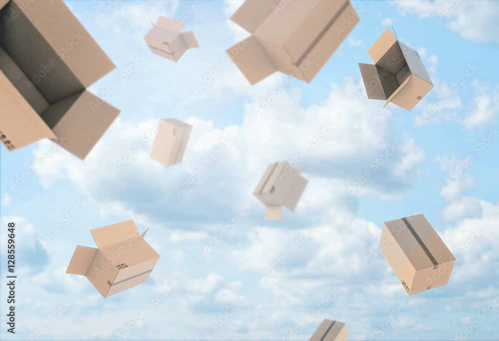 Poster rendering of open empty light beige cardboard mail boxes falling from the blue cloudy sky.