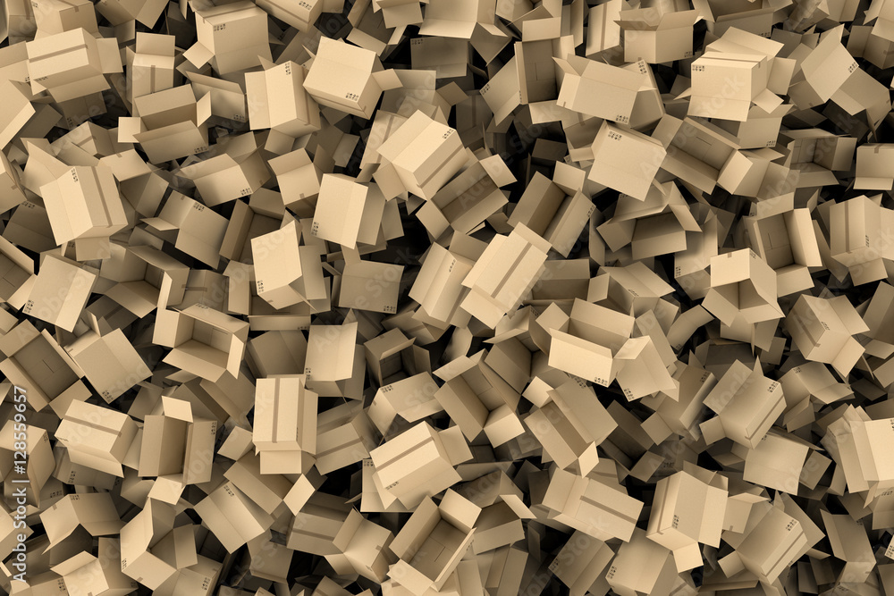 Poster rendering huge amount of light beige empty cardboard mail boxes lying together in disorder, top view